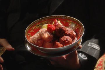 No-Churn Strawberry Ice Cream Served in a Versace Medusa Dish